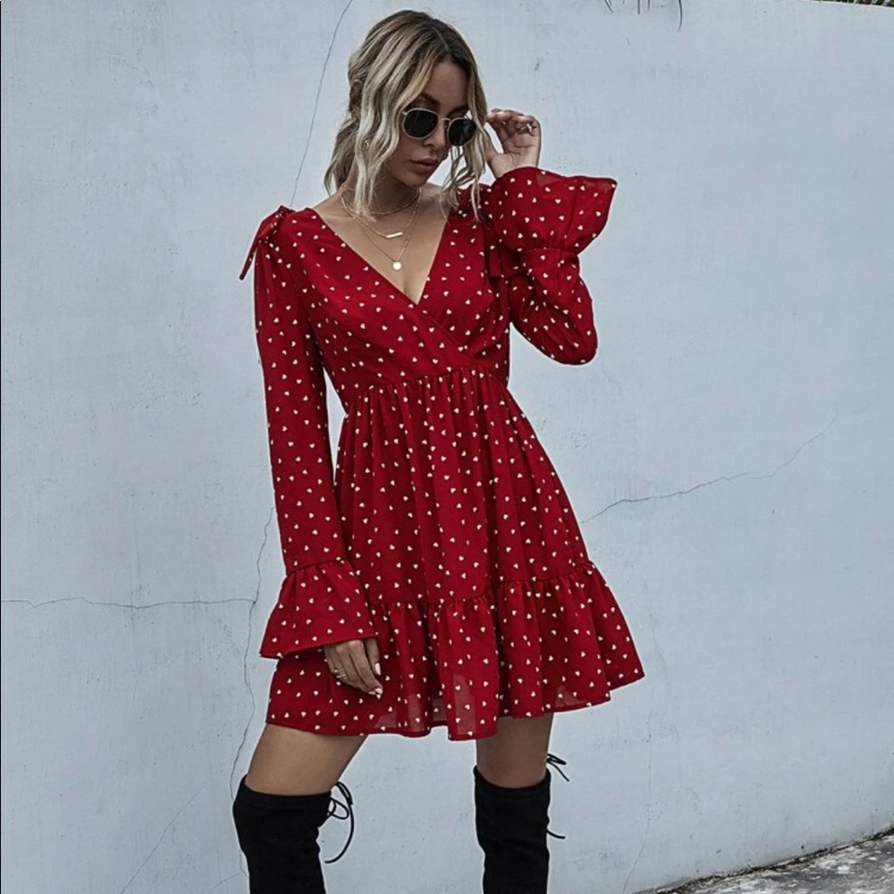 Heart Print Tie Shoulder Ruffle ahem Dress